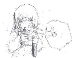 Rule 34 | 1girl, absurdres, aiming, blunt bangs, firing, german army, german text, gloves, gun, hair between eyes, highres, holding, holding gun, holding weapon, leaning on object, long sleeves, looking to the side, messy hair, military, military uniform, mp40, muzzle flash, original, scowl, shell casing, shichisaburo, short hair, solo, submachine gun, sweatdrop, uniform, weapon, world war ii, worried
