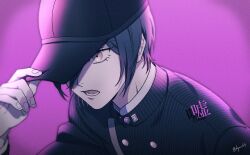 Rule 34 | 1boy, black headwear, black jacket, brown eyes, buttons, danganronpa (series), danganronpa v3: killing harmony, double-breasted, hand up, highres, jacket, lower teeth only, pink background, portrait, saihara shuichi, short hair, signature, solo, striped clothes, striped jacket, teeth, tongue, translation request, tuzuriya