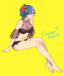 Rule 34 | 1girl, barefoot, bikini, black bikini, blue hair, breasts, byleth (female) (fire emblem), byleth (fire emblem), character name, cleavage, closed mouth, earrings, feet, fire emblem, fire emblem: three houses, flower, full body, hair flower, hair ornament, intelligent systems, jewelry, large breasts, looking at viewer, medium breasts, mizuno (iori-amu), nintendo, purple eyes, see-through, simple background, sitting, smile, solo, swimsuit, toes, yellow background