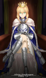 Rule 34 | 1girl, absurdres, ahoge, armor, armored dress, artoria pendragon (fate), blonde hair, crown, fate/grand order, fate/stay night, fate (series), gauntlets, greaves, green eyes, highres, crossed legs, makise minami, saber (fate), sitting, solo, throne