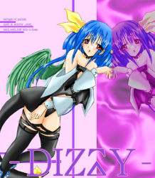 Rule 34 | 1girl, arc system works, asymmetrical wings, bad anatomy, blue hair, dizzy (guilty gear), guilty gear, poorly drawn, red eyes, reflection, ribbon, solo, tail, tail ornament, tail ribbon, thighhighs, wings