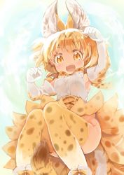 Rule 34 | 10s, 1girl, animal ears, blonde hair, bow, bowtie, breasts, elbow gloves, gloves, japa, kemono friends, looking at viewer, medium breasts, open mouth, print bow, print bowtie, serval (kemono friends), serval print, serval tail, smile, solo, tail, thighhighs, white footwear, white gloves, yellow eyes, yellow thighhighs