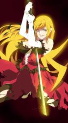 Rule 34 | 1girl, bare shoulders, black pantyhose, breasts, cleavage, dress, elbow gloves, gloves, hanako-0001, highres, holding, holding sword, holding weapon, katana, kiss-shot acerola-orion heart-under-blade, long hair, looking at viewer, monogatari (series), oshino shinobu, pantyhose, smile, solo, sword, thighhighs, torn clothes, torn legwear, very long hair, weapon, white gloves