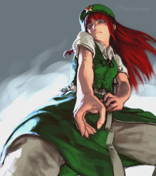 Rule 34 | 1girl, baggy pants, beret, blue eyes, chinese clothes, collared shirt, envenomist (gengoroumaru), fighting stance, from below, hat, highres, hong meiling, neck ribbon, pants, perspective, red hair, ribbon, serious, shirt, short sleeves, solo, touhou