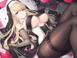 Rule 34 | 1girl, bare shoulders, blonde hair, blush, breast curtains, breasts, detached collar, dress, earrings, elbow gloves, fishnet gloves, fishnets, gloves, habit, highres, jewelry, large breasts, long hair, looking at viewer, lying, non-web source, nun, official art, on back, original, pantyhose, parted lips, petals, purple eyes, revealing clothes, sidelocks, solo, sourenkio, stud earrings, thigh strap, underboob