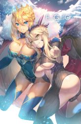 Rule 34 | 2girls, armpits, artoria pendragon (fate), artoria pendragon (lancer) (fate), artoria pendragon (lancer alter) (fate), blonde hair, blue eyes, blue legwear, blush, bodysuit, braid, breasts, cape, cleavage, cleavage cutout, clothing cutout, cloud, cloudy sky, crown, dark persona, fate/grand order, fate (series), french braid, fur-trimmed cape, fur trim, grin, hair between eyes, hand on another&#039;s shoulder, heattech leotard, large breasts, leotard, multiple girls, navel, red cape, sidelocks, sky, smile, stomach, turtleneck, turtleneck bodysuit, underboob, yellow eyes, yoshimoto (dear life)