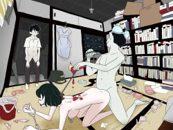 Rule 34 | 1girl, 2boys, akashi (yojouhan), ball gag, bdsm, binder clip, black hair, bondage, bound, bra, bra on head, breasts, candle, closed eyes, clothed male nude female, collared shirt, condom, condom wrapper, cuffs, doggystyle, gag, gagged, handcuffs, holding, holding candle, indoors, leash, leash pull, lingerie, medium breasts, mole, mole under eye, multiple boys, nipple clamps, nude, object on head, ozu (yojouhan), sex, sex from behind, shirt, short hair, thighs, underwear, used condom, walk-in, watashi (yojouhan), wax, yojouhan shinwa taikei, yougasu