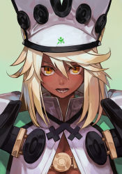Rule 34 | 1girl, arc system works, belt bra, blonde hair, breasts, cape, cleavage, dark-skinned female, dark skin, guilty gear, guilty gear xrd, hat, high collar, hungry clicker, long hair, looking at viewer, open mouth, orange eyes, portrait, ramlethal valentine, simple background, solo, white cape, yellow eyes