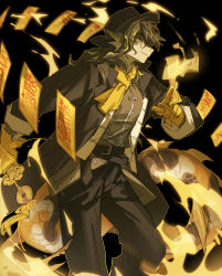 1boy absurdres arknights black_background black_hair black_hat black_jacket black_pants black_shirt cowboy_shot fedora furry furry_male glasses gloves hat highres jacket lee_(arknights) long_hair long_sleeves male_focus ofuda pants shirt solo sora_(sora1019) yellow_gloves