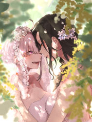 Rule 34 | 2girls, absurdres, ahoge, backless dress, backless outfit, bare shoulders, black hair, blurry, blurry background, blurry foreground, breasts, bridal veil, cleavage, commentary request, couple, dappled sunlight, dress, earrings, eye contact, female focus, flower, forehead-to-forehead, hair bun, hair flower, hair ornament, heads together, highres, jewelry, lace-trimmed veil, lace trim, leaf, long hair, looking at another, multiple girls, nijisanji, open mouth, orange eyes, outdoors, parted lips, pink eyes, pink hair, rose, sharp teeth, shirayuki tomoe, shuu-0208, single hair bun, sparkle, sukoya kana, sunlight, teeth, upper body, veil, virtual youtuber, wedding dress, white dress, white flower, white rose, wife and wife, yuri