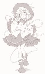 Rule 34 | 1girl, boots, commentary request, frilled skirt, frilled sleeves, frills, full body, greyscale, hand on headwear, hat, heart, komeiji koishi, long sleeves, monochrome, open mouth, satou kibi, shirt, sketch, skirt, solo, standing, third eye, touhou, white background, wide sleeves