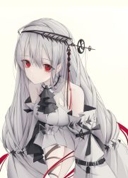 Rule 34 | 0 (znanimo), 1girl, alternate color, arknights, ascot, closed mouth, detached sleeves, dress, female focus, hair ornament, highres, long hair, pale skin, red eyes, short dress, silver hair, skadi (arknights), skadi the corrupting heart (arknights), sleeveless, sleeveless dress, solo, thigh strap, very long hair