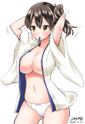 Rule 34 | 10s, 1girl, adjusting hair, areola slip, arms behind head, arms up, asymmetrical hair, blush, breasts, brown hair, female focus, japanese clothes, kaga (kancolle), kantai collection, large breasts, long hair, looking to the side, mouth hold, navel, open clothes, panties, short hair, side ponytail, simple background, skindentation, solo, standing, stomach, twitter username, underwear, white panties, yellow eyes, yuuki hb