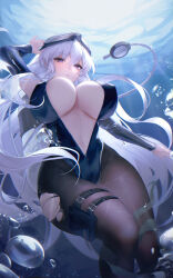 Rule 34 | 1girl, absurdres, air bubble, azur lane, black leotard, black pantyhose, breasts, bubble, cleavage, covered erect nipples, enterprise (azur lane), enterprise (diving under blue skies) (azur lane), goggles, goggles on head, highres, large breasts, leotard, long hair, long sleeves, looking at viewer, official alternate costume, pantyhose, parted lips, pouch, pupuki, purple eyes, scuba gear, solo, submerged, swim goggles, thigh pouch, thighs, torn clothes, torn pantyhose, underwater