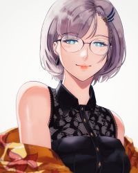 Rule 34 | 1girl, absurdres, black shirt, blue eyes, blush, braid, earrings, eyebrows visible through hat, glasses, gouble3, grey hair, highres, hololive, hololive indonesia, jewelry, lips, pavolia reine, shirt, simple background, sleeveless, smile, virtual youtuber, white background