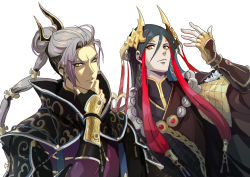 Rule 34 | 2boys, absurdres, black hair, chinese clothes, crown, fingerless gloves, gloves, grey hair, hair ornament, hand on own chin, highres, jewelry, long hair, looking at viewer, lou zhenjie (thunderbolt fantasy), multiple boys, ponytail, thunderbolt fantasy, veraqueen, wan jun po, yellow eyes