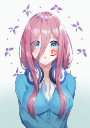 Rule 34 | 1girl, :o, absurdres, blue cardigan, blue eyes, blush, body writing, breasts, cardigan, commentary request, eyes visible through hair, facial tattoo, fuji dorokai, go-toubun no hanayome, gradient background, hair between eyes, headphones, headphones around neck, heart, heart tattoo, highres, large breasts, long hair, long sleeves, looking at viewer, nakano miku, red hair, shirt, solo, tattoo, upper body, white shirt
