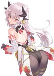 Rule 34 | 100 percent park, 1girl, ass, backless leotard, bare shoulders, black pantyhose, blush, breasts, detached sleeves, embarrassed, fate (series), from behind, gloves, gold trim, hair between eyes, highres, horns, kiyohime (fate), kiyohime (third ascension) (fate), leaning, leaning forward, leotard, long hair, looking at viewer, looking back, medium breasts, pantyhose, red eyes, shiny clothes, shiny skin, silver hair, simple background, skin tight, solo, very long hair, white background