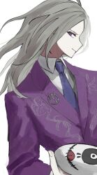 Rule 34 | 1boy, blue necktie, closed mouth, collared shirt, commentary request, floral print, grey hair, holding, holding mask, jacket, long hair, long sleeves, looking at viewer, makoto kagutsuchi, male focus, mask, unworn mask, master detective archives: rain code, necktie, oji-sama (ochi4t), purple eyes, purple jacket, purple necktie, shirt, simple background, solo, spoilers, upper body, white background, white shirt