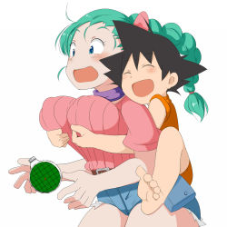 Rule 34 | 1girl, aaa (nisetsuru), age difference, barefoot, belt, blue eyes, blush, braid, grabbing another&#039;s breast, breasts, bulma, closed eyes, covered erect nipples, cowboy shot, dragon ball, dragon radar, feet, grabbing, grabbing from behind, green hair, happy, large breasts, legs, long hair, open mouth, puffy nipples, radar, short shorts, shorts, simple background, single braid, smile, son goku, standing, surprised, thighs, toes, white background