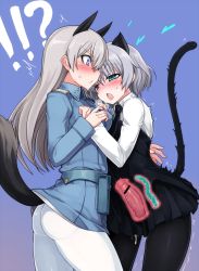 Rule 34 | !, 2girls, :&lt;, animal ears, aqua eyes, ass, bar censor, black legwear, black skirt, cat ears, cat tail, censored, commentary request, eila ilmatar juutilainen, fox ears, fox tail, has uncensored version, heart, heavy breathing, long hair, long sleeves, looking at another, military, military uniform, miniskirt, multiple girls, null (nyanpyoun), pantyhose, penis, purple background, purple eyes, sanya v. litvyak, short hair, silver hair, skirt, strike witches, surprised, sweat, tail, uniform, white legwear, world witches series, x-ray