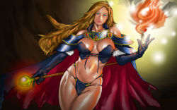 Rule 34 | 1girl, armor, bare shoulders, bikini, bikini armor, blonde hair, blue eyes, brandish (video game), breasts, cape, contrapposto, cowboy shot, curvy, dela delon, dutch angle, eiyuu densetsu, elbow gloves, falcom, fire, fur-trimmed gloves, fur trim, gloves, large breasts, crossed legs, long hair, looking at viewer, magic, revealing clothes, solo, staff, standing, swimsuit, take (draghignazzo), wallpaper