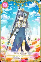 1girl arm_up armor bare_legs black_shirt blue_bow blue_bowtie blue_dress blue_eyes blue_gemstone blue_hair blue_sky bow bowtie breastplate brown_bridal_gauntlets card_(medium) city closed_mouth cloud crescent crescent_necklace daisy day dress expressionless feet_out_of_frame field flower flower_field game_cg gem glaive_(polearm) holding holding_polearm holding_weapon jewelry light_blush long_dress long_hair long_sleeves looking_at_viewer magia_record:_mahou_shoujo_madoka_magica_gaiden magical_girl mahou_shoujo_madoka_magica nanami_yachiyo necklace official_art orange_flower outdoors pauldrons picture_frame pink_flower polearm shirt shoulder_armor side_slit sidelocks sky solo sparkle standing star_(symbol) star_print string taniguchi_jun&#039;ichirou thigh_strap translated turtleneck turtleneck_shirt weapon white_flower white_veil