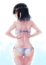Rule 34 | 1girl, adjusting clothes, adjusting swimsuit, ass, bikini, black hair, from behind, gradient background, haguro (kancolle), hair ornament, head tilt, kansho (stm 735), kantai collection, parted lips, short hair, side-tie bikini bottom, simple background, solo, sparkle, swimsuit, untying, white bikini