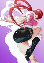 Rule 34 | 1girl, absurdres, ass, black skirt, breasts, cleavage cutout, clothing cutout, cropped jacket, facing viewer, fur-trimmed jacket, fur trim, hair over eyes, high-waist skirt, highres, jacket, kyuugata, long bangs, miniskirt, open mouth, pencil skirt, shermie (kof), side slit, skirt, snk, solo, split ponytail, the king of fighters, the king of fighters xv