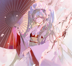 Rule 34 | 1girl, branch, cherry blossoms, commentary, falling petals, female focus, flower, green eyes, green hair, hair flower, hair ornament, hatsune miku, headdress, holding, holding umbrella, japanese clothes, kimono, long hair, looking at viewer, mamenomoto, obi, oil-paper umbrella, petals, pink flower, pink theme, sash, smile, solo, twintails, umbrella, upper body, very long hair, vocaloid, white kimono, wide sleeves