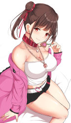 Rule 34 | 1girl, bare shoulders, belt, black shorts, blush, breasts, brown hair, cleavage, collar, collarbone, double bun, hair bun, highres, idolmaster, idolmaster shiny colors, jacket, jewelry, large breasts, long sleeves, looking at viewer, necklace, noeomi, off shoulder, open clothes, open jacket, pink jacket, red eyes, short shorts, short twintails, shorts, sitting, smile, sonoda chiyoko, tank top, thighs, twintails, white tank top