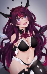 Rule 34 | 1girl, black bra, black panties, blue eyes, bra, breasts, bright pupils, cleavage, detached wings, fang, frilled panties, frilled shirt, frills, heart, heart-shaped pupils, heterochromia, highres, hololive, hololive english, irys (hololive), irys (irys 1.0) (hololive), long hair, looking up, medium breasts, navel, open mouth, ouncemilia, panties, purple eyes, purple hair, shirt, single leg pantyhose, single thighhigh, smile, solo, symbol-shaped pupils, thighhighs, underwear, very long hair, virtual youtuber, white pupils, wings