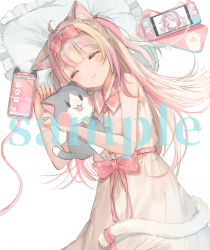 Rule 34 | 1girl, ^ ^, amemiya ayune, animal ear fluff, animal ears, bare arms, bare shoulders, bow, brown dress, brown hair, cat ears, cat girl, cat tail, cellphone, charger, closed eyes, closed mouth, collared dress, dress, frilled pillow, frills, hair bow, hands up, highres, indie virtual youtuber, long hair, lying, mochitsuki usa, multicolored hair, official art, on side, phone, pillow, pink bow, pink hair, sample watermark, simple background, sleeveless, sleeveless dress, smile, solo, streaked hair, stuffed animal, stuffed cat, stuffed toy, tail, two side up, very long hair, virtual youtuber, watermark, white background