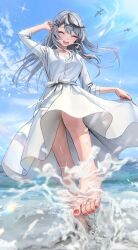 Rule 34 | 1girl, absurdres, alternate costume, arm up, barefoot, black hair, blue sky, blurry, blurry foreground, breasts, closed eyes, commentary request, day, depth of field, dress, eyelashes, feet, foreshortening, grey hair, hair ornament, hairclip, highres, hololive, long hair, looking at viewer, medium breasts, multicolored hair, nail polish, ocean, open mouth, outdoors, red nails, remi (rem67763852), sakamata chloe, skirt hold, sky, solo, splashing, standing, standing on one leg, streaked hair, teeth, toenail polish, toenails, toes, upper teeth only, virtual youtuber, white dress, x hair ornament