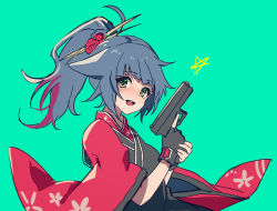 Rule 34 | 1girl, :d, animal ears, arknights, black dress, black gloves, blue background, blue hair, blush, cat ears, dress, fingerless gloves, flower, gloves, green eyes, gun, hair flower, hair ornament, handgun, hands up, holding, holding gun, holding weapon, japanese clothes, jessica (arknights), jessica (clivia) (arknights), looking at viewer, multicolored hair, official alternate costume, open mouth, pink flower, pink hair, simple background, smile, solo, streaked hair, teeth, upper teeth only, weapon, yoruhachi