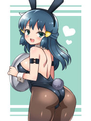 Rule 34 | 00s, 1girl, alternate costume, animal ears, aqua eyes, ass, bare shoulders, black pantyhose, blue hair, blush, breasts, chro (rulurullu), covered erect nipples, creatures (company), dawn (pokemon), detached collar, fake animal ears, from behind, game freak, hair ornament, hairclip, heart, heart background, large breasts, leotard, long hair, looking at viewer, nintendo, pantyhose, playboy bunny, pokemon, pokemon dppt, rabbit ears, rabbit tail, sideboob, solo, striped, striped background, tail, wrist cuffs