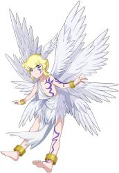 Rule 34 | 1boy, angel wings, bandai, barefoot, blonde hair, blue eyes, bracelet, child, digimon, digimon (creature), digimon new century, feet, full body, hair between eyes, head wings, jewelry, looking at viewer, lucemon, male focus, monster, multiple wings, no humans, official art, seraph, simple background, solo, tattoo, thighs, toes, trap, wings