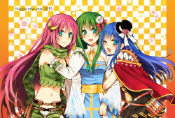 Rule 34 | 2015, 3girls, arch bishop (ragnarok online), arm hug, belt, black headwear, blue dress, blue eyes, blue hair, blush, bow, bra strap, breasts, brown belt, brown dress, camouflage, camouflage scarf, camouflage shorts, cape, checkered background, cleavage, cleavage cutout, closed mouth, clothing cutout, commentary request, cowboy shot, creator (ragnarok online), crescent, crescent hair ornament, cross, dress, flower, frilled hat, frills, gloves, green gloves, green hair, green scarf, green shorts, green tube top, hair flower, hair ornament, happy new year, hat, hat bow, juliet sleeves, long hair, long sleeves, looking at viewer, medium breasts, midriff, multiple girls, navel, new year, one eye closed, open mouth, pink hair, pouch, puffy sleeves, ragnarok online, ranger (ragnarok online), red cape, sash, scarf, short dress, shorts, smile, strapless, top hat, tsuki miso, tube top, two-tone dress, vial, white bow, white dress, white flower, white gloves, yellow sash