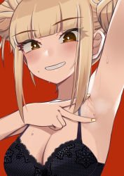 Rule 34 | 1girl, absurdres, armpits, bare shoulders, black bra, blonde hair, blunt bangs, blush, boku no hero academia, bra, breasts, bright pupils, brown eyes, cleavage, double bun, grin, hair bun, hand up, highres, lace, lace-trimmed bra, lace trim, looking at viewer, medium breasts, nail polish, nanomitw (jackson2444), presenting armpit, red background, short hair with long locks, simple background, smile, solo, spread armpit, sweat, toga himiko, underwear, upper body, v, yellow nails