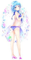 Rule 34 | 1girl, :o, absurdres, ass, bad id, bad pixiv id, bare arms, bare shoulders, bikini, blue bikini, blue eyes, blue hair, blush, breasts, commentary, flower, full body, hair flower, hair ornament, high heels, highres, long hair, looking at viewer, looking to the side, original, parted lips, pink footwear, purple flower, revision, see-through, shoe soles, shoes, simple background, small breasts, solo, standing, star (symbol), starry background, swimsuit, symbol-only commentary, tsukiyo (skymint), very long hair, white background