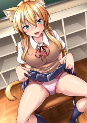 Rule 34 | 1girl, animal ears, blonde hair, blue eyes, breasts, cardigan, cat ears, cat girl, cat tail, chair, clothes lift, commentary, fang, highres, large breasts, long hair, looking at viewer, nokoppa, open mouth, panties, pink panties, ribbon, school, school uniform, shirt, sitting, skirt, skirt lift, smile, socks, solo, spread legs, tail, thick thighs, thighs, underwear, white shirt