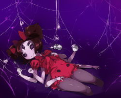 Rule 34 | 1girl, arthropod girl, black hair, black pantyhose, bug, colored skin, dress, extra arms, extra eyes, fangs, insect girl, lying, monster girl, muffet, on back, pantyhose, purple eyes, purple skin, ribbon, short hair, shorts, silk, smile, solo, spider, spider girl, spider web, twintails, two side up, undertale, visark