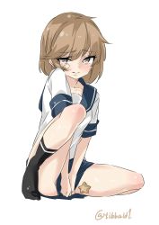 Rule 34 | 10s, 1girl, bad id, bad twitter id, bandaid, bandaid on face, black socks, blue skirt, blush, brown eyes, brown hair, closed mouth, collarbone, covering privates, covering crotch, ebifurya, eyebrows, full body, highres, inactive account, kantai collection, knee up, looking at viewer, no panties, no shoes, oboro (kancolle), partially visible vulva, pleated skirt, school uniform, serafuku, short hair, short sleeves, simple background, sitting, skirt, skirt tug, socks, solo, starfish, tears, twitter username, white background