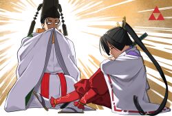 2boys apmix arms_on_knees black_hair closed_eyes constricted_pupils covering_own_mouth crest crossed_arms family_crest hair_tie hakama hakama_pants hat highres houjou_tokiyuki_(nige_jouzu_no_wakagimi) japanese_clothes kariginu katana light_rays long_hair long_sleeves looking_at_another low-tied_long_hair male_focus multiple_boys nige_jouzu_no_wakagimi pants ponytail red_hakama ribbon-trimmed_sleeves ribbon_trim sandals sidelocks_tied_back sitting small_sweatdrop suwa_yorishige sword tabi tate_eboshi very_long_hair weapon wide_sleeves zouri