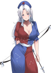 Rule 34 | 1girl, absurdres, arm behind back, arrow (projectile), blue eyes, blush, bow (weapon), breasts, cleavage, collarbone, constellation print, grey hair, hat, highres, holding, holding arrow, holding bow (weapon), holding weapon, large breasts, long hair, looking at viewer, nurse cap, open collar, parted bangs, puffy short sleeves, puffy sleeves, short sleeves, simple background, solo, touhou, two-tone dress, very long hair, weapon, white background, yagokoro eirin, yagoro kusuriya