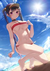 Rule 34 | 1girl, absurdres, ahoge, asymmetrical bangs, azur lane, bandeau, bare arms, bare shoulders, barefoot, beach, bikini, bikini tug, bird, black choker, blue nails, blue sky, blush, breasts, choker, closed mouth, cloud, collarbone, commentary request, cosplay, day, dutch angle, from below, frown, full body, hair ornament, halterneck, hand up, hat, highres, horizon, isaka wasabi, large breasts, light rays, long hair, looking at viewer, multicolored nails, nail polish, navel, ning hai (azur lane), ocean, on one knee, outdoors, ping hai (azur lane), ping hai (azur lane) (cosplay), ping hai (summer vacation) (azur lane), purple eyes, purple hair, red bikini, red nails, sand, shade, shadow, side-tie bikini bottom, sidelocks, sky, solo, sparkle, stomach, summer, sun, sunlight, sweat, swimsuit, toenail polish, toenails, twintails, v-shaped eyebrows, very long hair, visor cap, yellow hat