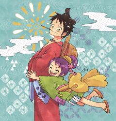 Rule 34 | 1boy, 1girl, :d, aco peda, aqua background, black eyes, black hair, child, closed eyes, comb, cowboy shot, crossed arms, facial scar, flower, full body, green kimono, hair bun, hair flower, hair knot, hair ornament, hand under clothes, hat, hat on back, hug, hug from behind, japanese clothes, kanoko (pattern), kimono, kojitsunagi (pattern), kurozumi tama, looking at another, male focus, monkey d. luffy, mouth hold, one piece, open mouth, patchwork clothes, purple hair, red kimono, sandals, sash, scar, scar on cheek, scar on face, shippou (pattern), short hair, smile, stalk in mouth, straw hat, yellow sash, zouri
