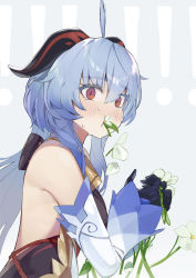 Rule 34 | !, 1girl, ahoge, bare shoulders, bell, black gloves, blue hair, commentary, detached sleeves, eating, empty eyes, flower, ganyu (genshin impact), genshin impact, gloves, grey background, highres, holding, holding flower, horns, lempika, long sleeves, low ponytail, neck bell, red eyes, simple background, solo, surprised, symbol-only commentary, white flower