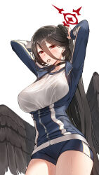 Rule 34 | 1girl, absurdres, arms behind head, arms up, beanowl, black choker, black hair, black wings, blue archive, blush, bra, bra visible through clothes, breasts, choker, dolphin shorts, feathered wings, gym shirt, gym shorts, gym uniform, hair between eyes, halo, hasumi (blue archive), hasumi (track) (blue archive), highres, jacket, large breasts, large wings, long hair, looking at viewer, low wings, mole, mole under eye, official alternate costume, partially unzipped, ponytail, red eyes, see-through, shirt, shorts, solo, sweat, thighs, track jacket, tying hair, underwear, very long hair, wet, wet clothes, wet shirt, white shirt, winged arms, wings
