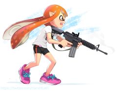 Rule 34 | 1girl, alternate weapon, ar-15, assault rifle, bike shorts, black shorts, blunt bangs, commentary, english commentary, fang, flat chest, from side, full body, gun, highres, holding, holding gun, holding weapon, inkling, inkling girl, inkling player character, long hair, m4 carbine, mask, mleth, nintendo, open mouth, orange eyes, orange hair, pink footwear, pointy ears, rifle, running, shirt, shoes, shorts, smoke, smoking gun, sneakers, solo, splatoon (series), teeth, tentacle hair, trigger discipline, upper teeth only, weapon, white shirt